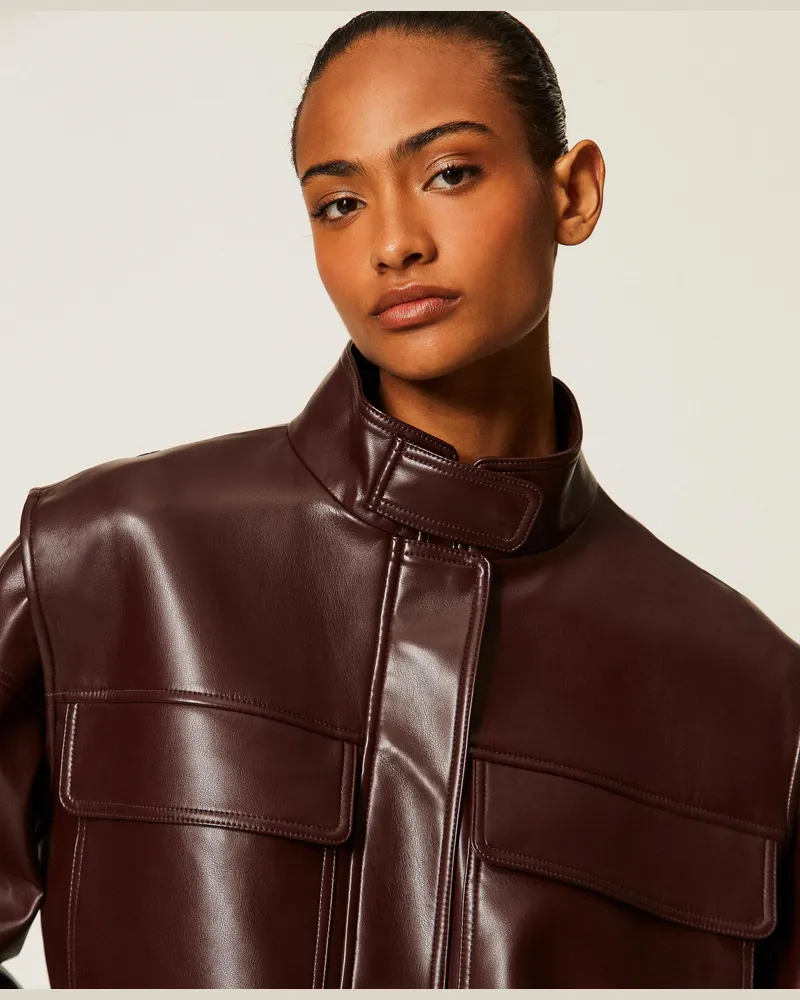 Twin-Set Bomberjacke in Lederoptik mit Taschen, Damen, Dark Bordeaux Dark