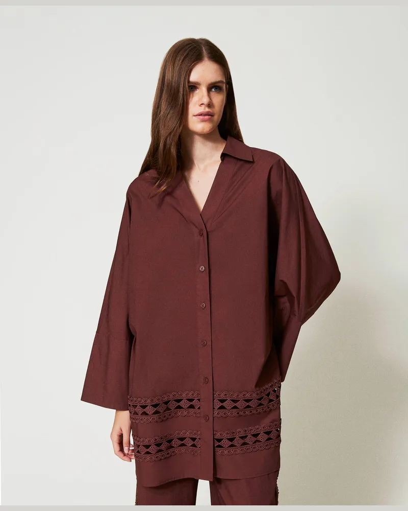 Twin-Set Bademode - Hemd aus Popeline mit Häkeldetails, Brown Stone, Baumwolle, Größe: L 