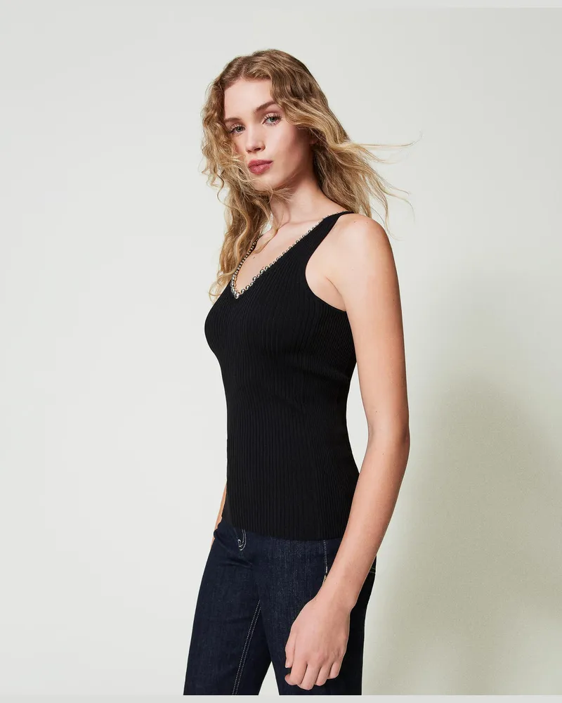 Actitude by Twinset Tops - Geripptes Stricktop mit Perlchen, Schwarz, Größe: L 