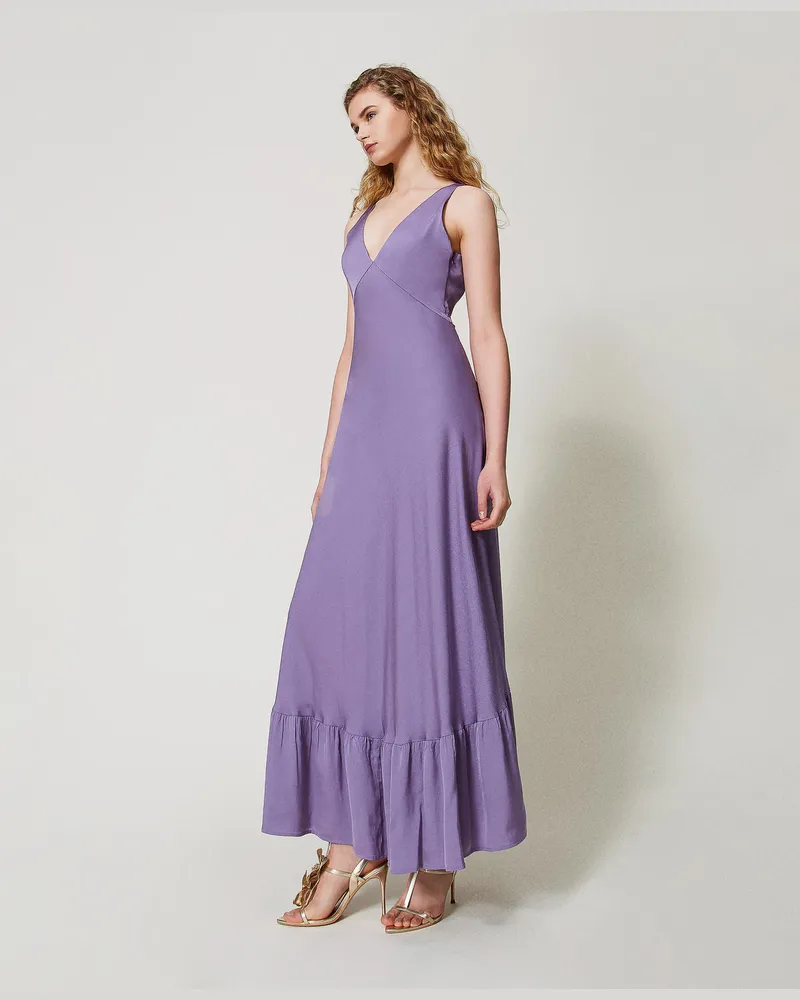 Twin-Set Kleider - Maxikleid aus Crêpe-Satin mit Volant, Cold Lavender, Größe Cold