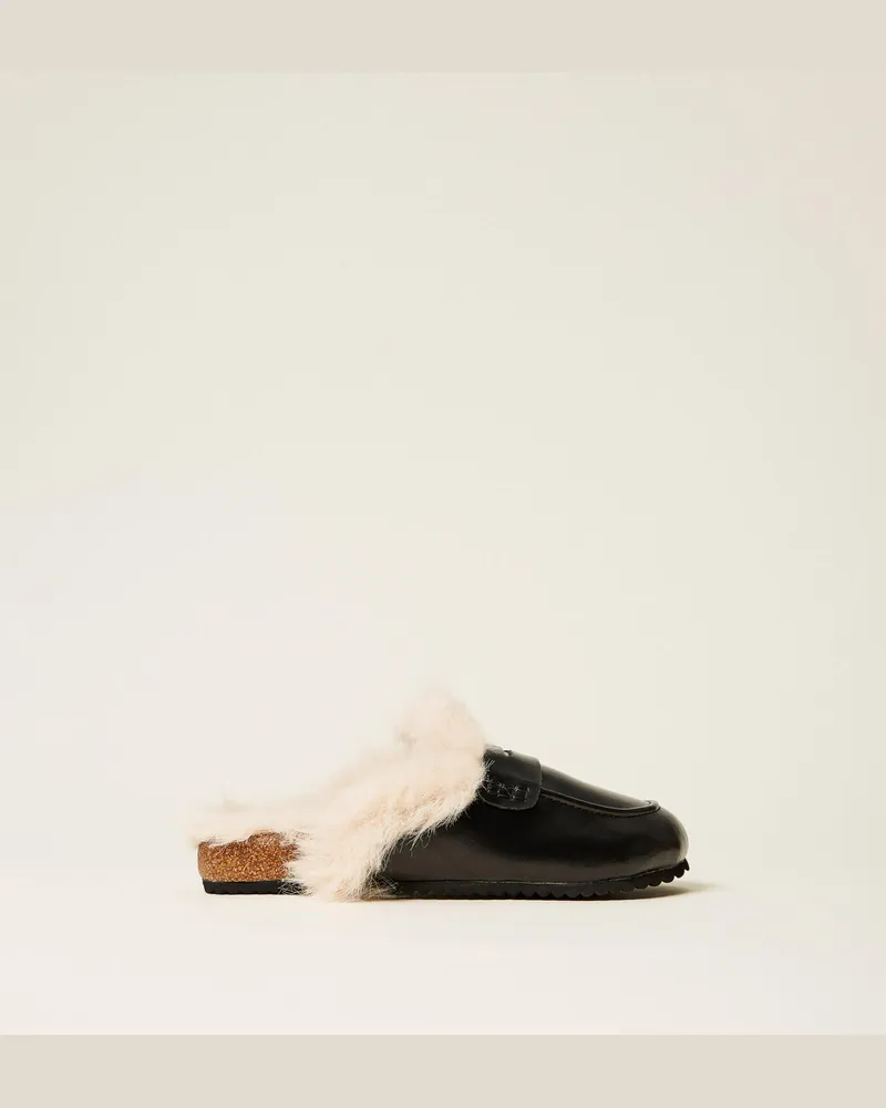 Twin-Set Schuhe - Pantoletten mit Kunstpelz, Schwarz, Pelzimitat, Größe Schwarz