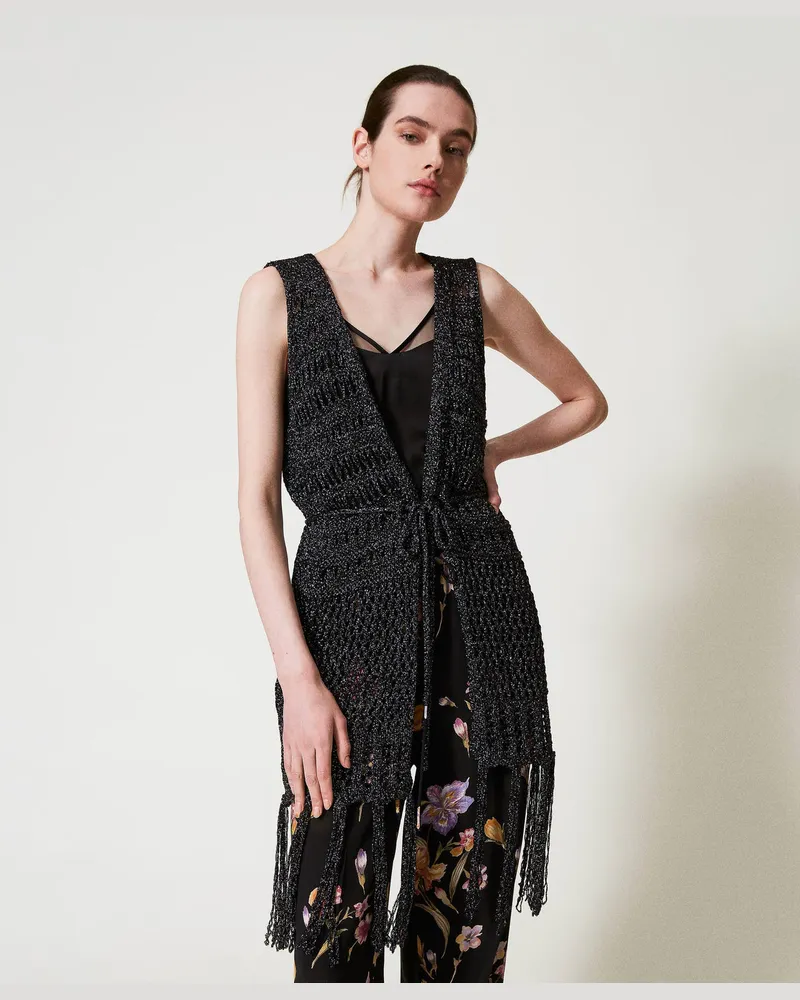 Twin-Set Cardigans - Lurex-Strickweste mit Lochmuster, Schwarz, Einheitsgröße Schwarz