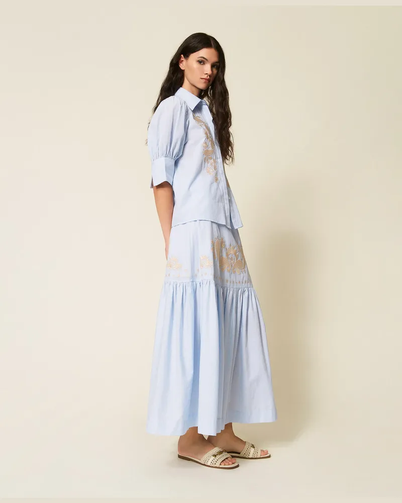 Actitude by Twinset Röcke - Langer, gestreifter Rock mit Rüsche und Stickerei, Off White/Light Blue Embroidery Pinstripe, Größe Off
