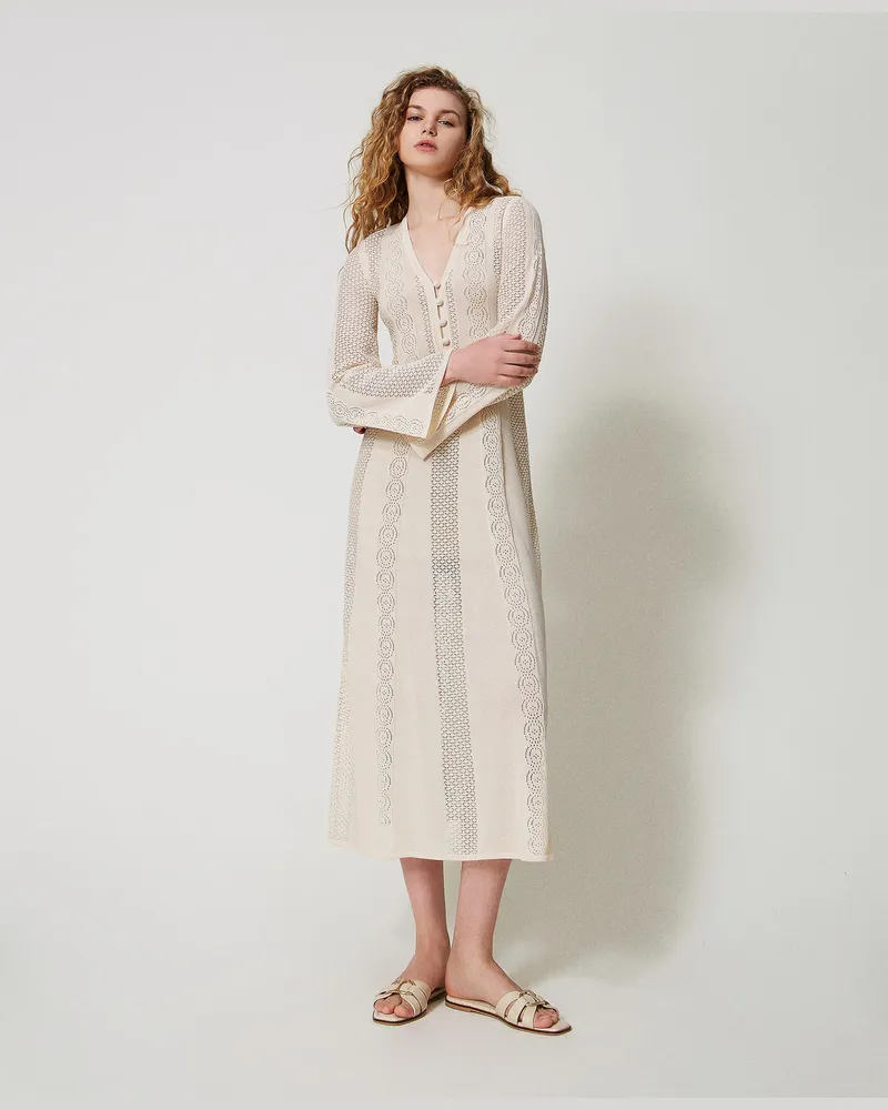 Twin-Set Kleider - Maxistrickkleid mit Lochmustern, „Parchment"-Beige, Größe „parchment“-beige