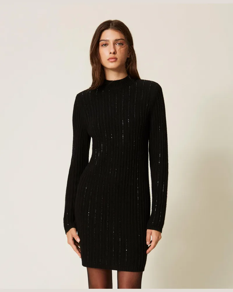 Twin-Set Kurzes Strickkleid aus Wollmischung mit Strass Schwarz