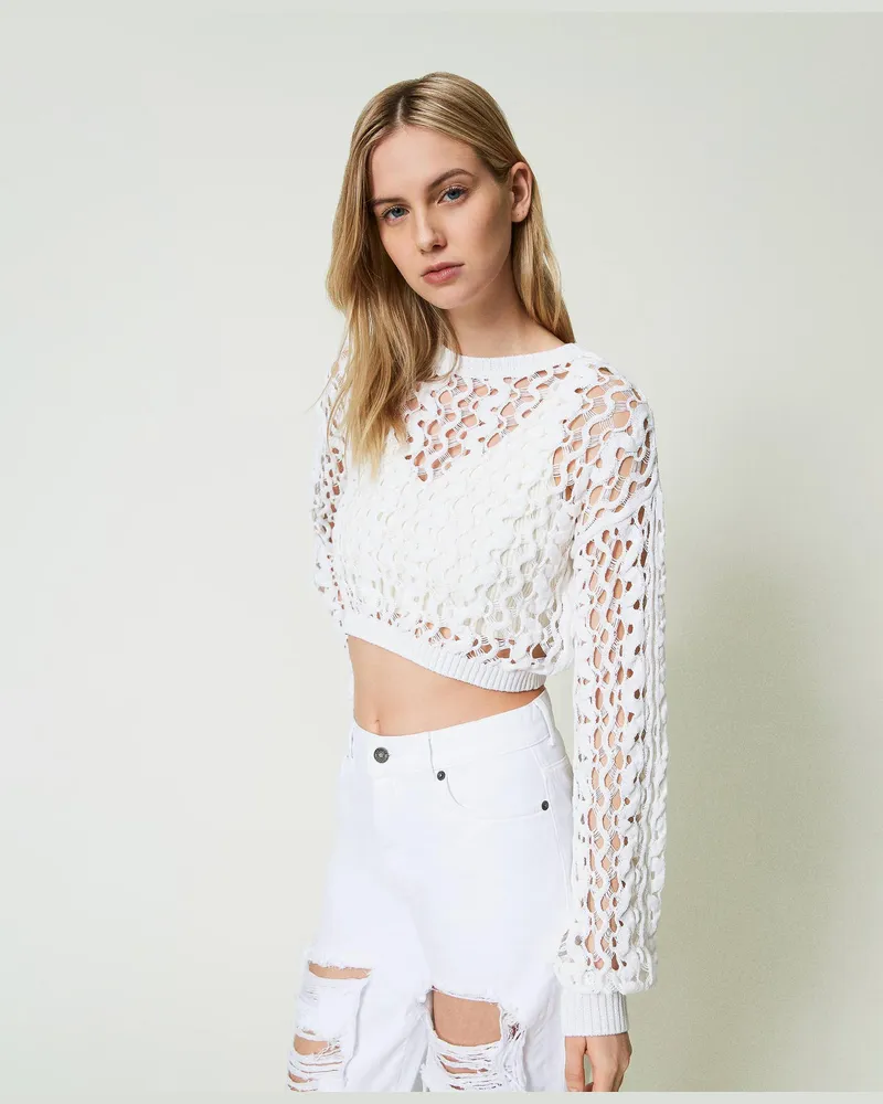 Actitude by Twinset Pullover mit Durchbruchmuster in Spitzenoptik, "Papers"-Weiß, Baumwolle, Größe: XL 