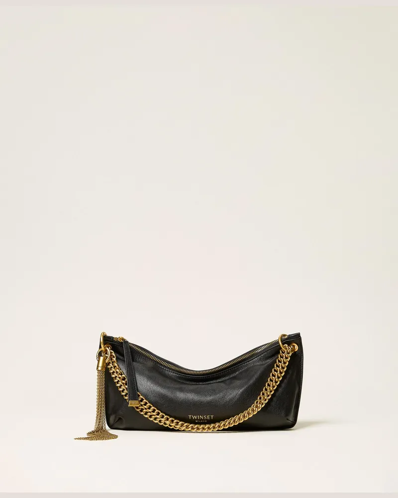 Twin-Set Hobo-Tasche aus Leder mit Quaste, Damen, Schwarz Schwarz
