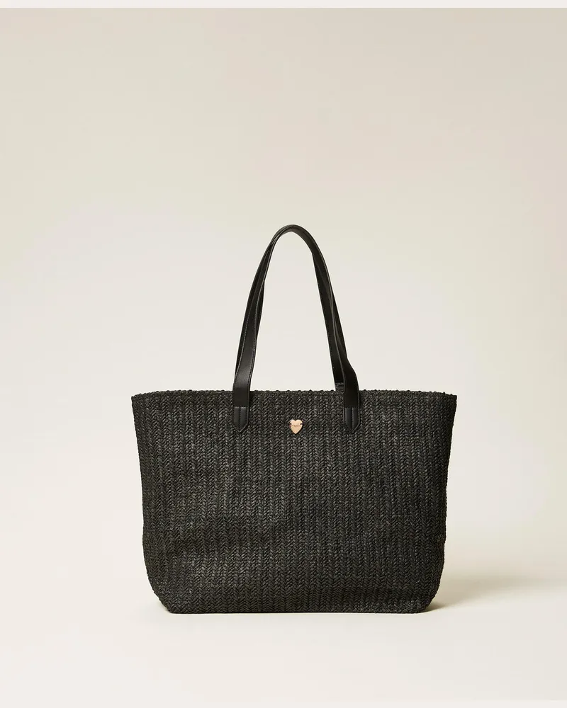 Twin-Set Bademode - Shopper aus Rafia mit Fransen, Schwarz, Einheitsgröße Schwarz
