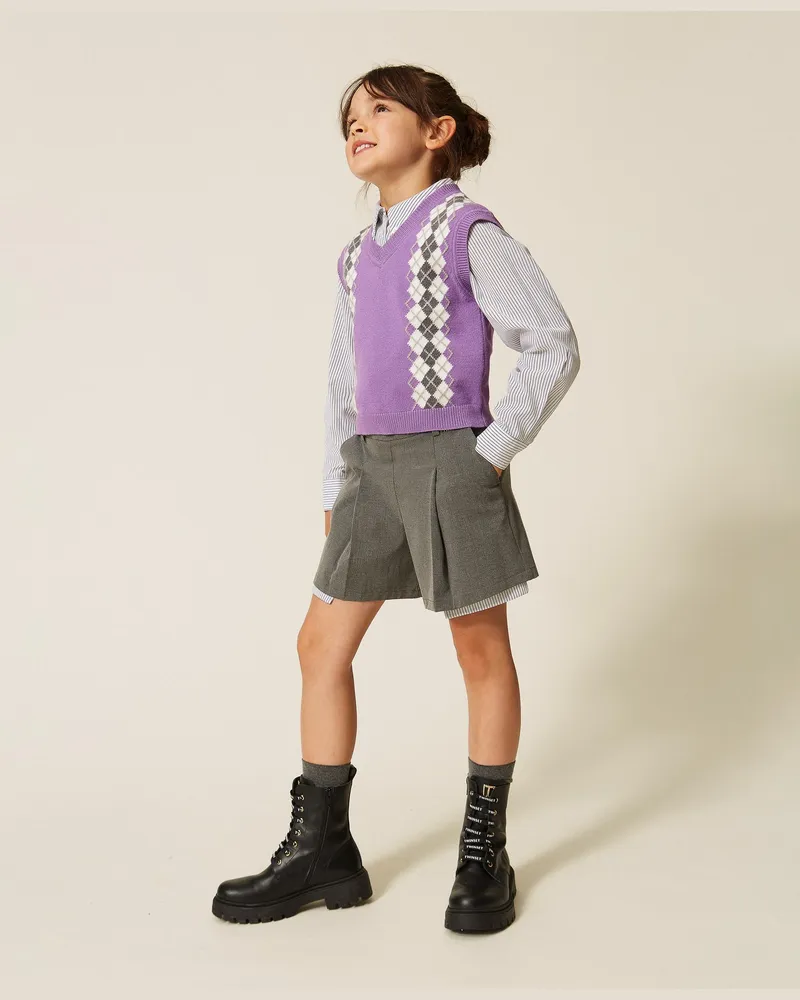 Twin-Set Shorts aus Flanell mit Falten, Damen, Mittelgrau-Melange Mittelgrau-melange