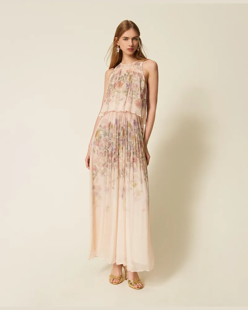 Twin-Set Kleider - Langes Kleid aus Krepon mit floralem Motiv, Print Wildflowers Pastel Color, Mit Blumen, Größe Print