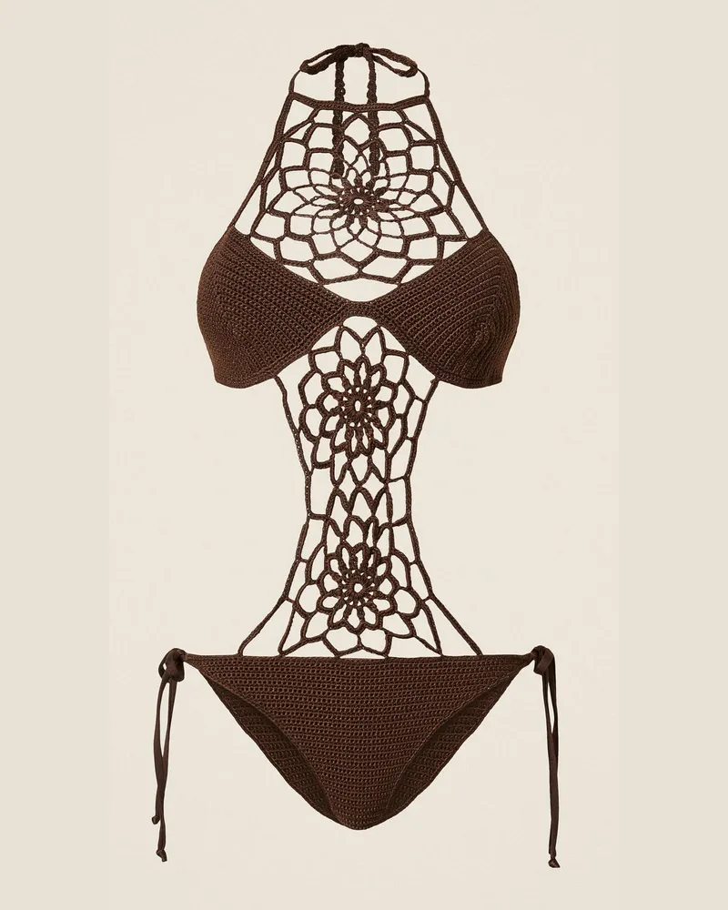 Twin-Set Bademode - Trikini-Badeanzug im Häkel-Dessin, Kaffeeschokolade, Größe Kaffeeschokolade