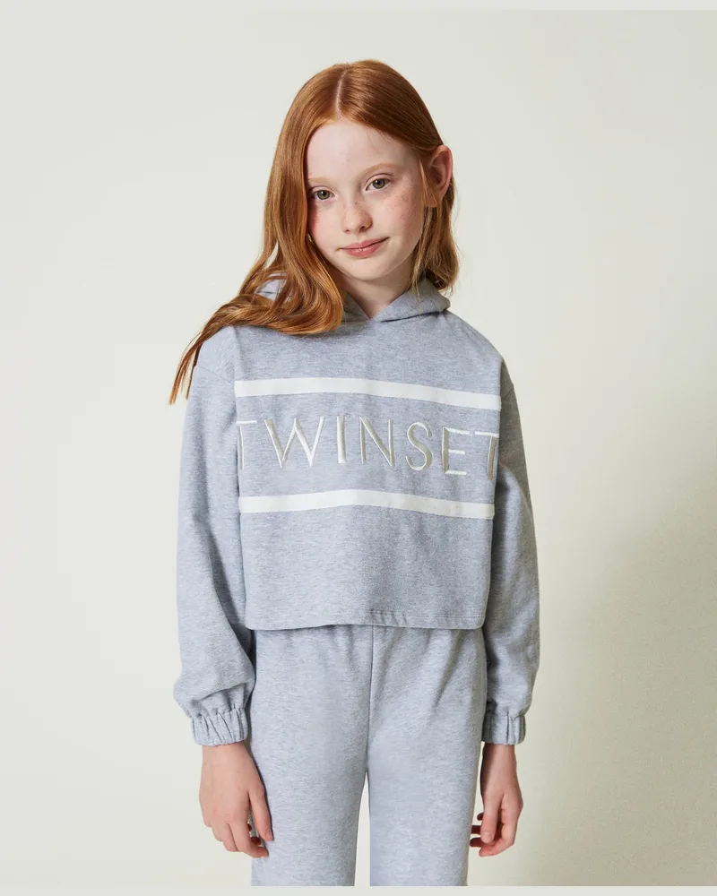Twin-Set Sweatshirts und -jacken - Cropped-Sweatjacke mit Sticklogo, Helles Melangegrau, Baumwolle, Größe Helles