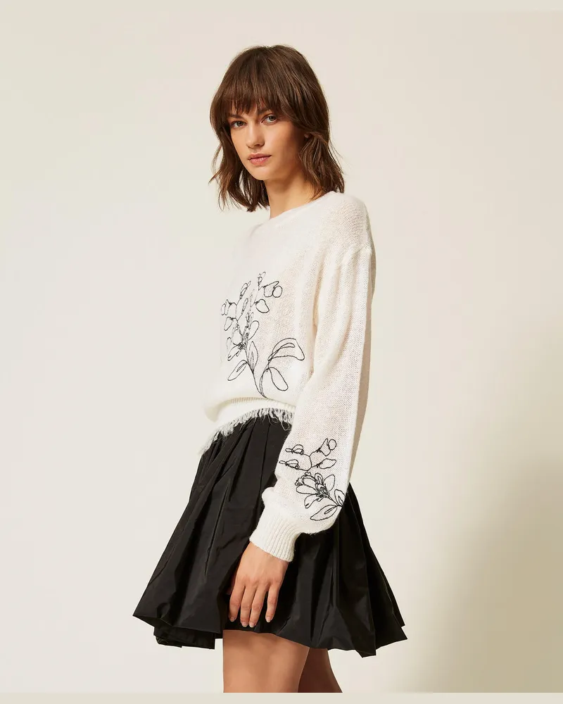 Actitude by Twinset Pullover mit floralem Stickmotiv und Fransen Schneeweiß