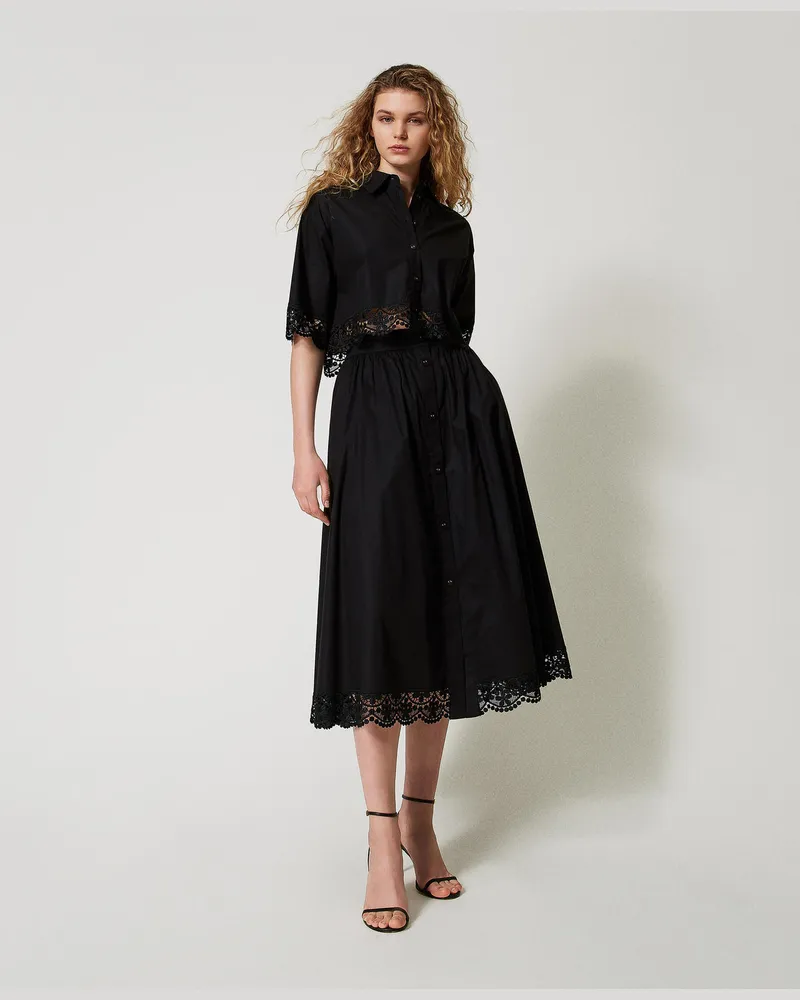 Twin-Set Röcke - Maxirock aus Popeline mit Spitze, Schwarz, Größe: 50 