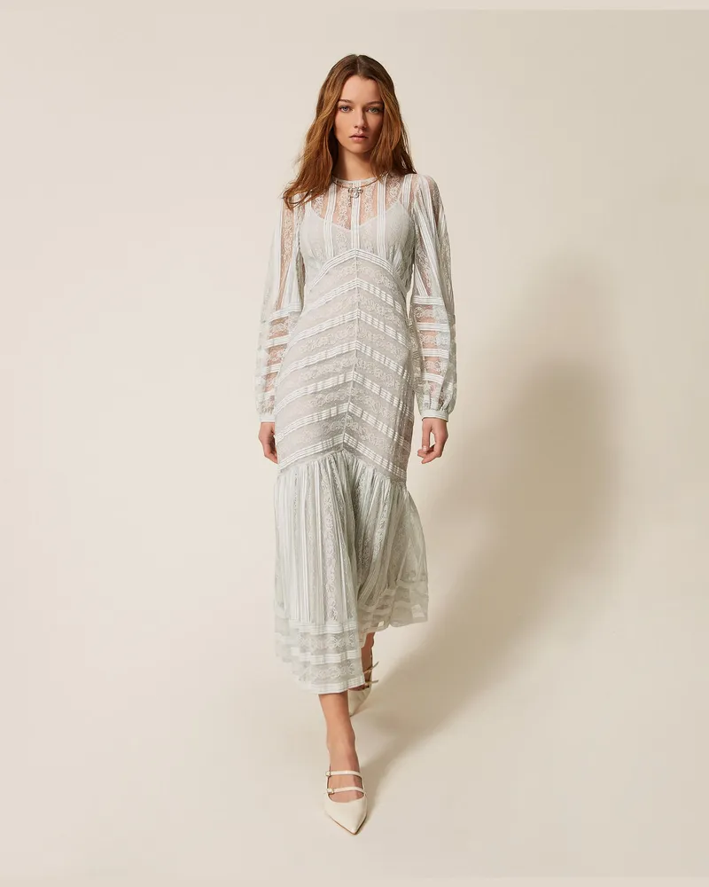Twin-Set Langes Kleid aus Spitze im Streifen-Dessin Aqua-hellblau