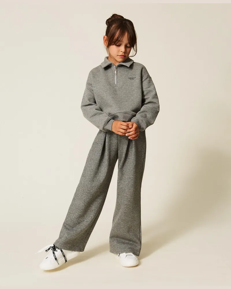 Twin-Set Cropped-Hose aus Sweatstoff mit Lurex, Damen, Meliertes Dunkelgrau Meliertes