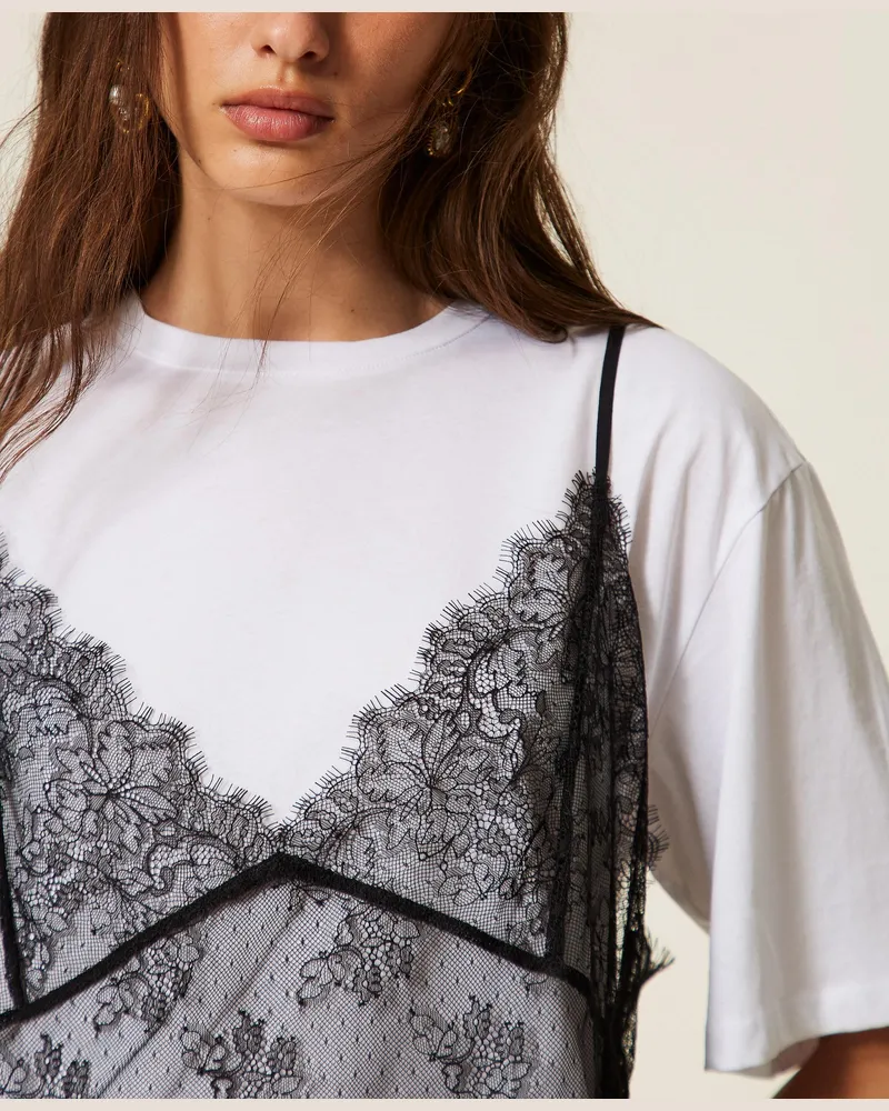 Twin-Set T-Shirt mit Rundhalsausschnitt und Top aus Spitze, Damen, Zweifarbig Lucent White / Schwarz Zweifarbig