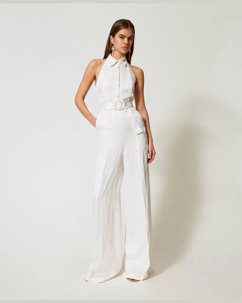 Twin-Set Kleider - Langer Jumpsuit aus Satinjacquard, Weiß Schnee, Größe Weiß