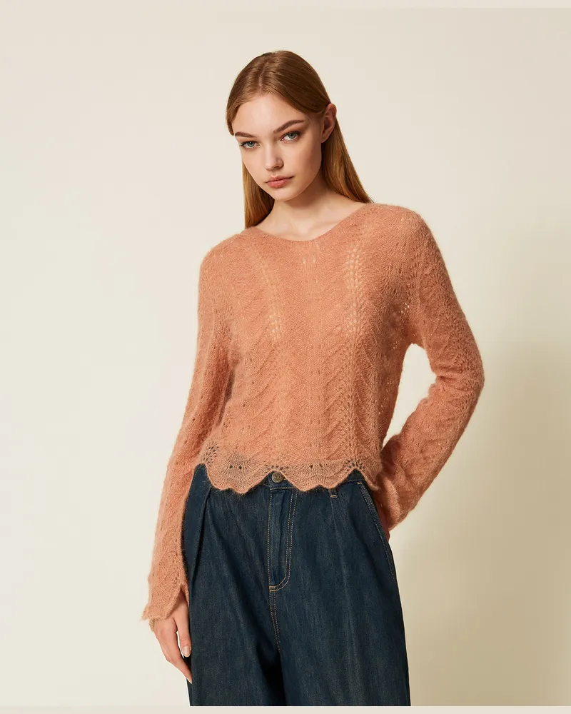 Twin-Set Pullover aus Mohairmischung mit Bogenrändern, „Toasted Nut"-Braun, Größe „toasted