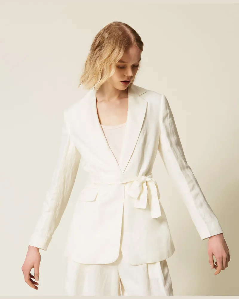 Twin-Set Jacken und Outerwear - Blazer aus Leinenmischung mit Gürtel, Mattweiß, Größe Mattweiß