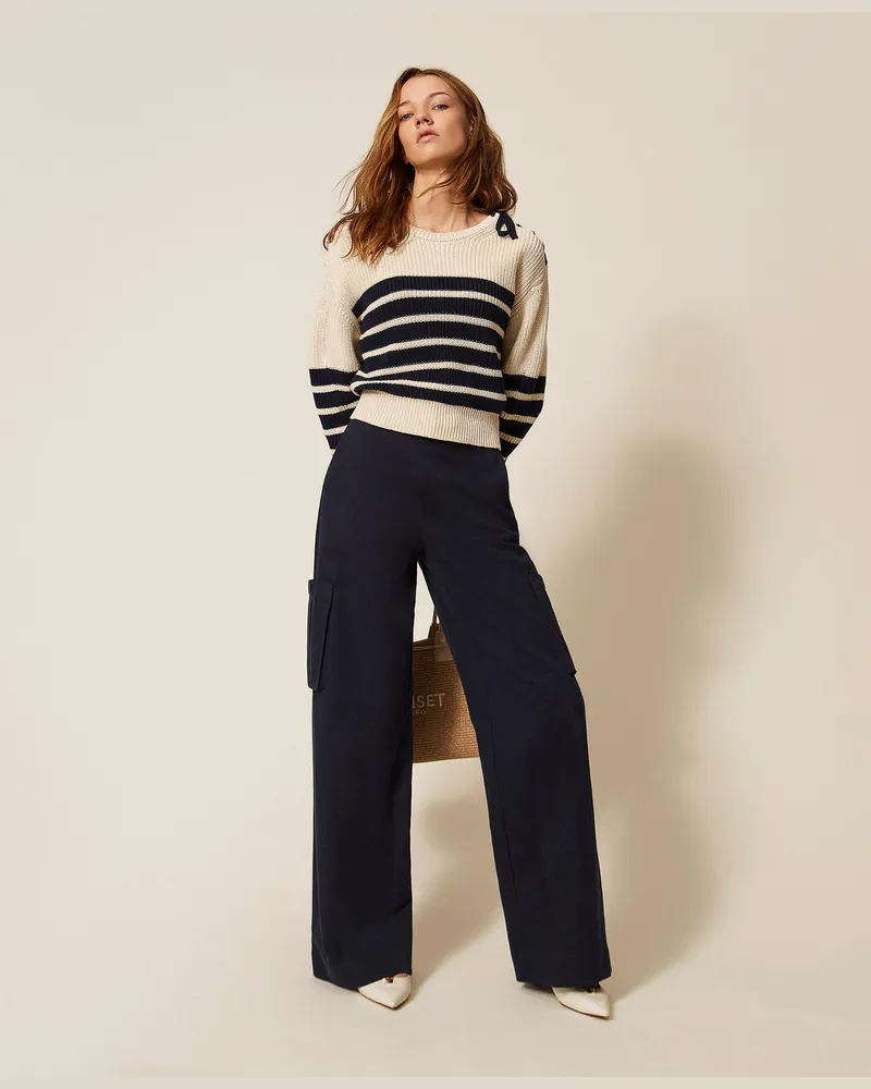 Twin-Set Hosen - Weite Cargohose aus Gabardine, Blue Light, Leinen, Größe Blue