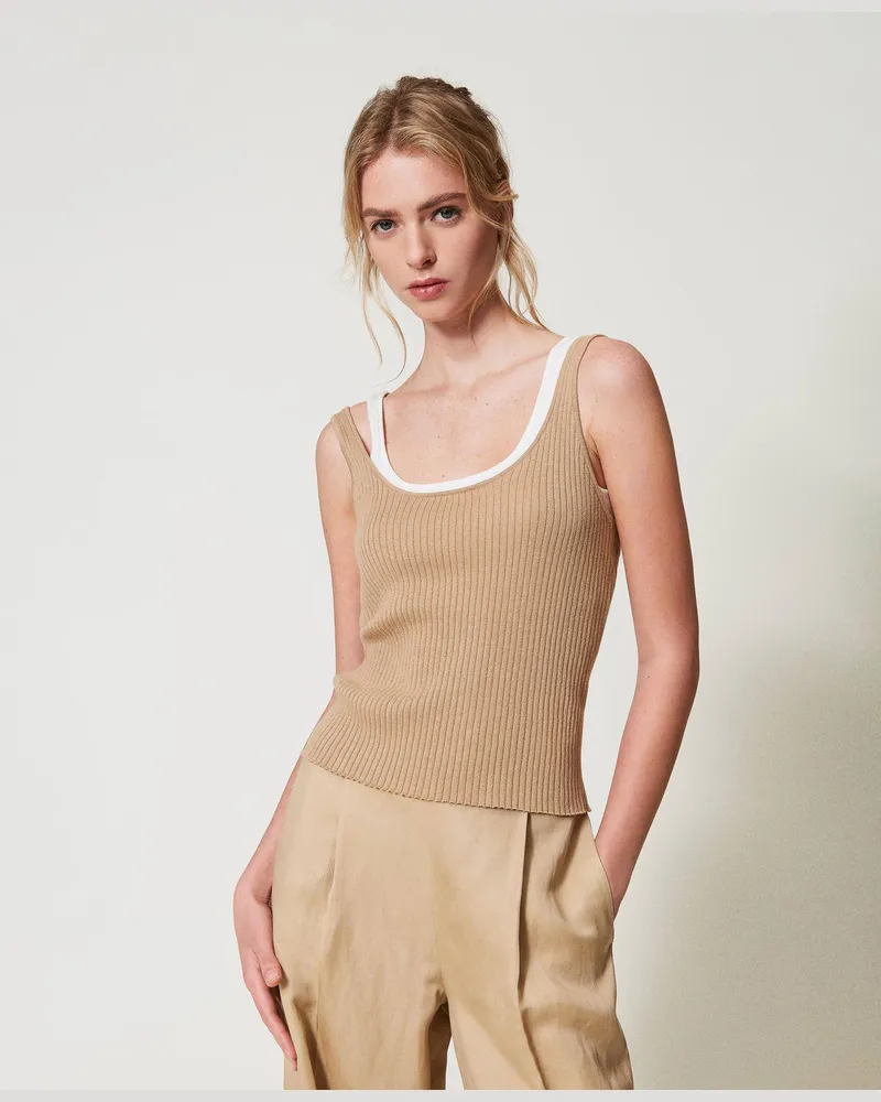 Twin-Set Tops - Figurbetontes Stricktop mit Trompe-l 'Œil-Effekt, Zweifarbig "Rope"-Beige / Schneeweiß, Baumwolle, Größe: XXL 