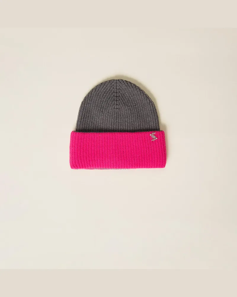 Actitude by Twinset Accessoires - Zweifarbige Strickmütze MYFO, Zweifarbig Mittelgrau-Melange / Neonrosa, Einheitsgröße Zweifarbig