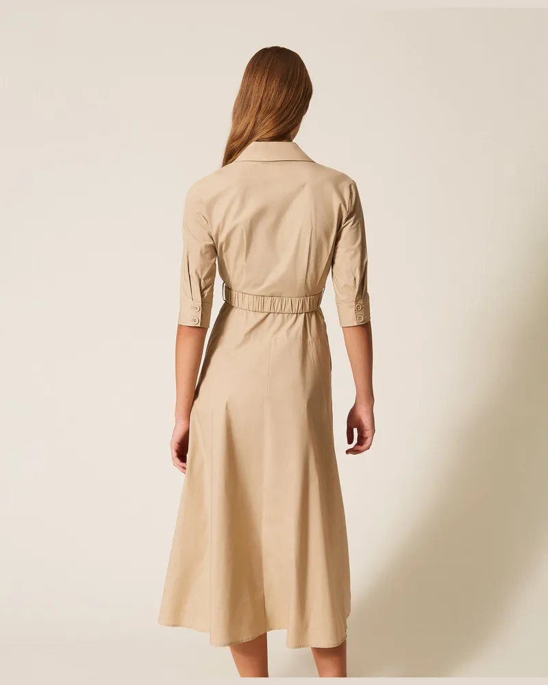 Actitude by Twinset Kleider - Langes Kleid aus Popeline mit Gürtel, Safaribeige, Baumwolle, Größe Safaribeige