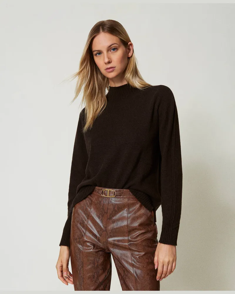 Twin-Set Stehkragenpullover aus Cashmere, Kaffeeschokolade, Kaschmir, Größe: XXL 