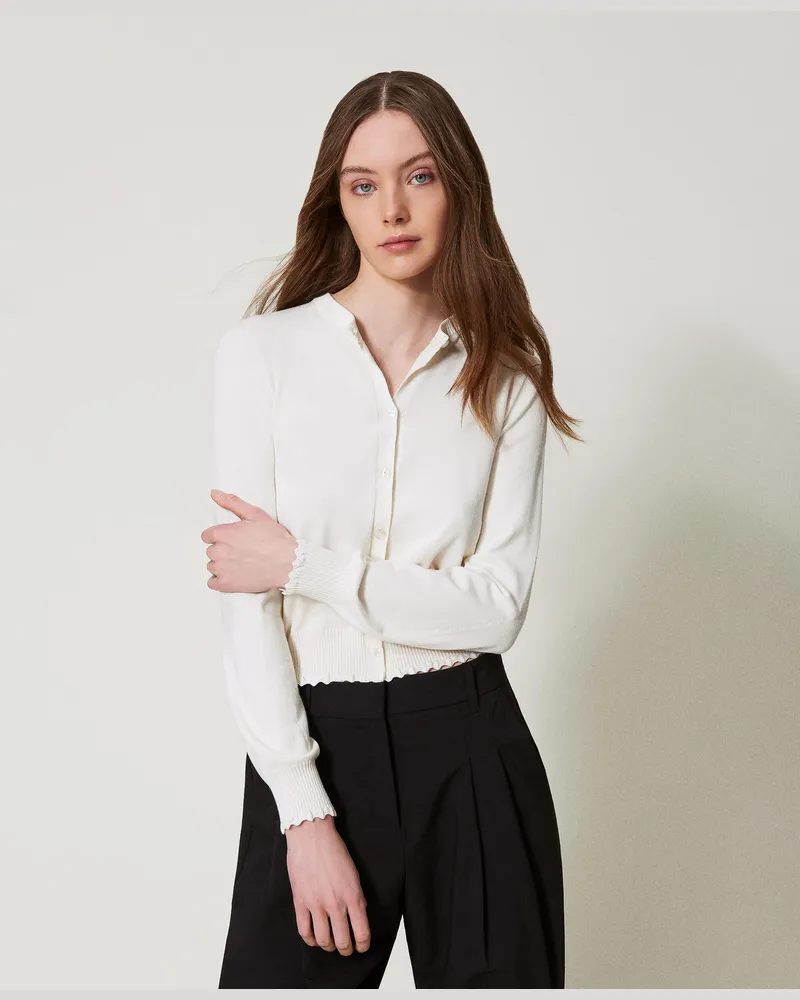 Twin-Set Cardigans - Cardigan mit Leistenkragen und Bogenrändern, Weiß Schnee, Größe: XXL 