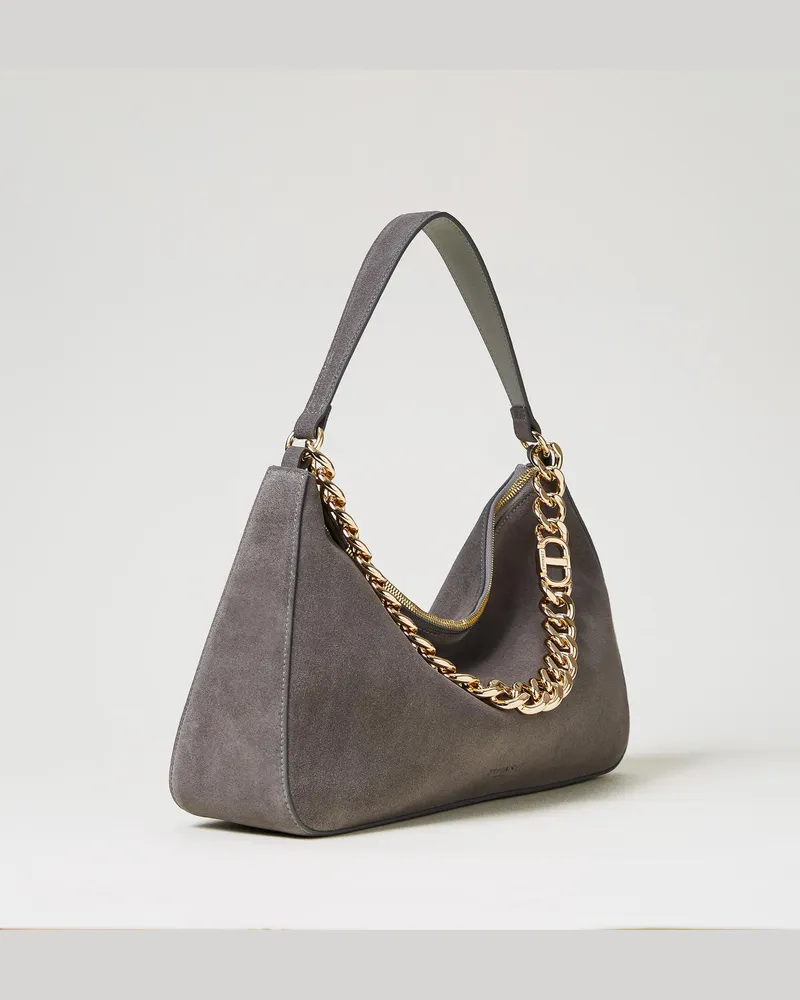 Twin-Set Taschen - Mittelgroße Tasche „Liliane" aus Rauleder, Mittelgrau-Melange / Gold, Einheitsgröße Mittelgrau-melange