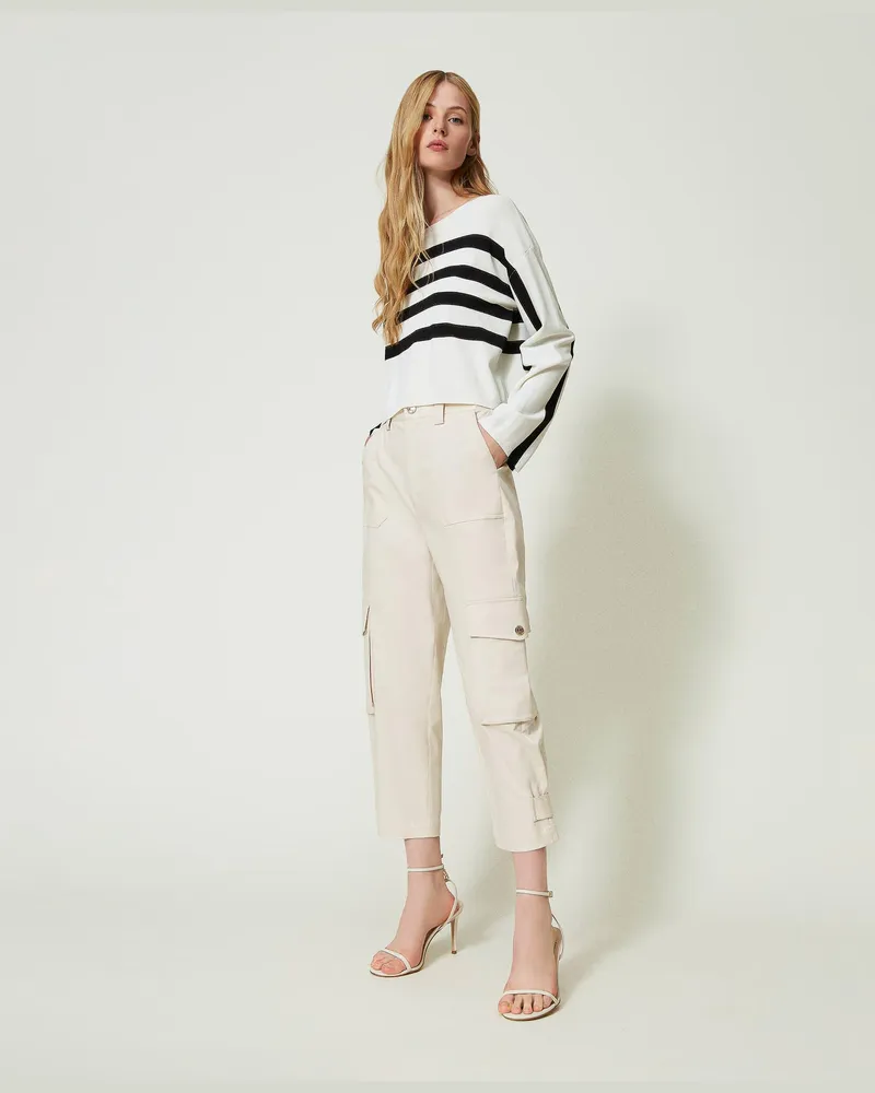 Twin-Set Hosen - Cargohose aus Gabardine, Weiß Schnee, Baumwolle, Größe Weiß