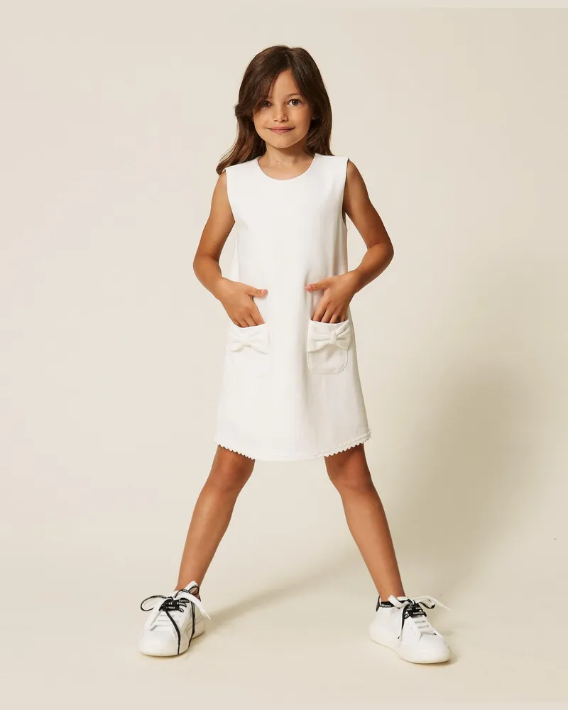 Twin-Set Kurzes Babykleid mit Schleifen und Samtdetails, Damen, Weiß Schnee Weiß