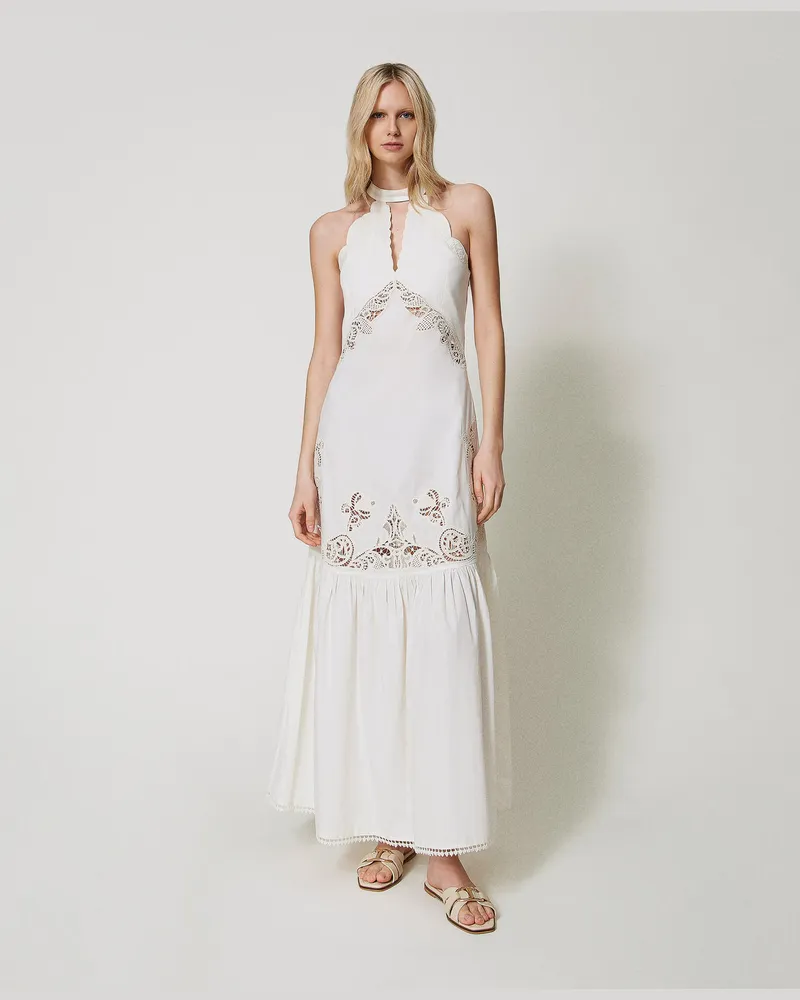 Twin-Set Kleider - Maxikleid mit Stickereien, Elfenbein, Baumwolle, Größe Elfenbein