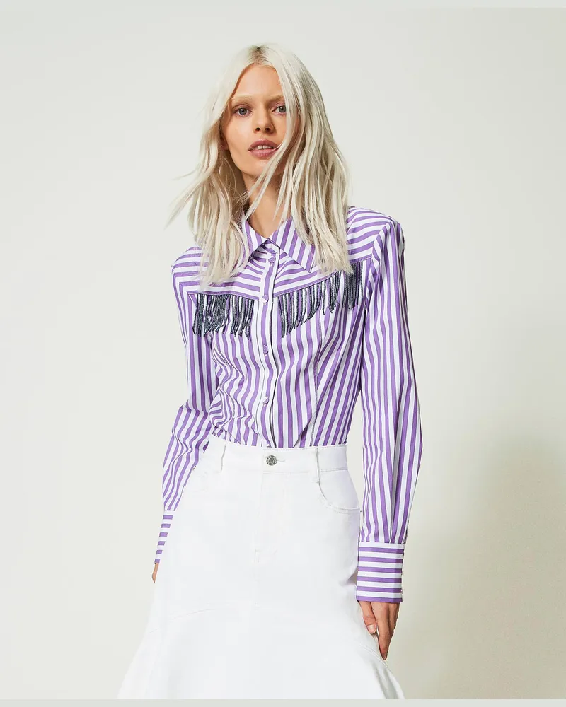 Actitude by Twinset Hemden - Gestreiftes Hemd aus Bio-Baumwolle, „Sparkling Grape"-Lila / „Papers"-Weiß Streifen, Größe „sparkling
