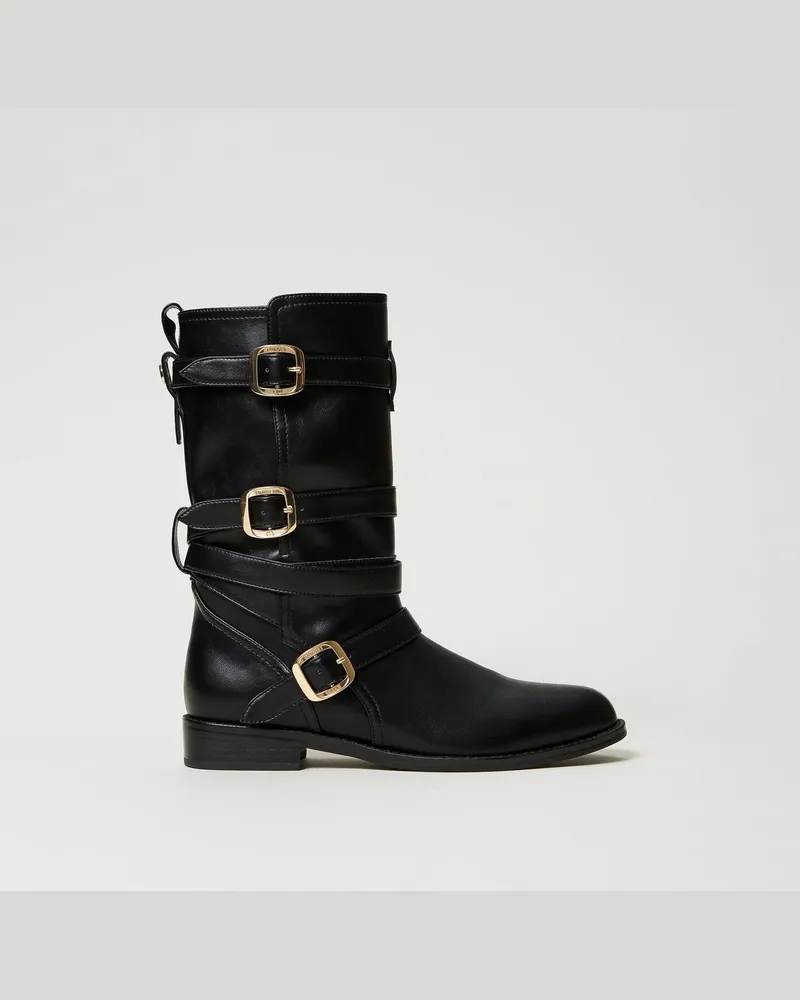 Twin-Set Schuhe - Bikerstiefel mit Riemen, Schwarz, Größe Schwarz