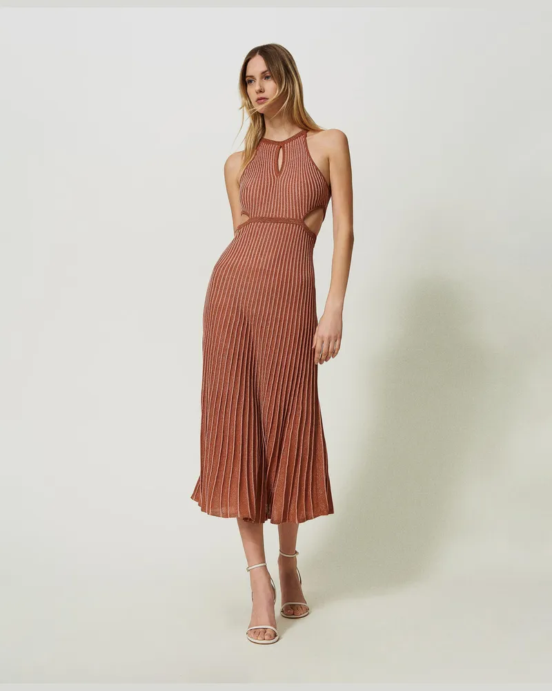 Twin-Set Kleider - Maxistrickkleid aus Lurex mit Plissees, Streifen Lurex dunkles „Canyon Sunset"-Orange, Größe Streifen