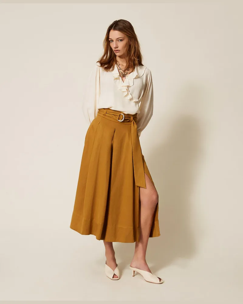 Twin-Set Röcke - Maxirock aus Twill mit Gürtel, "Woody"-Braun, Größe Woody-braun