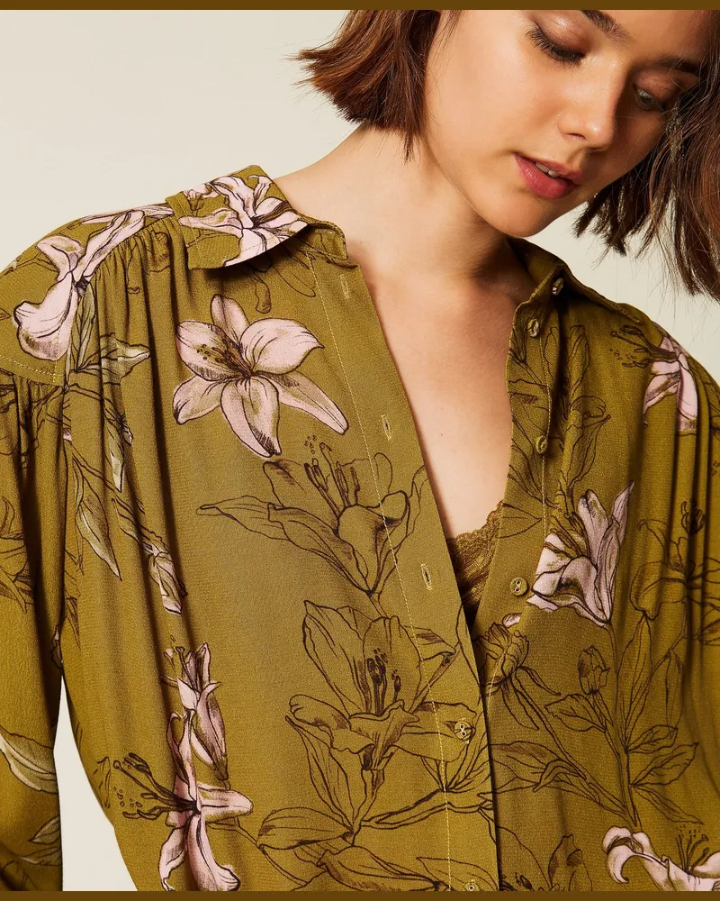 Twin-Set Hemd aus Crêpe de Chine mit Blumendessin, Damen, Lilienprint Shiny Oil / Powder Rose Lilienprint