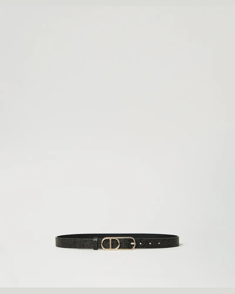 Twin-Set Accessoires - Gürtel aus Craquelé-Leder mit „Oval T"-Schnalle, Schwarz, Größe Schwarz