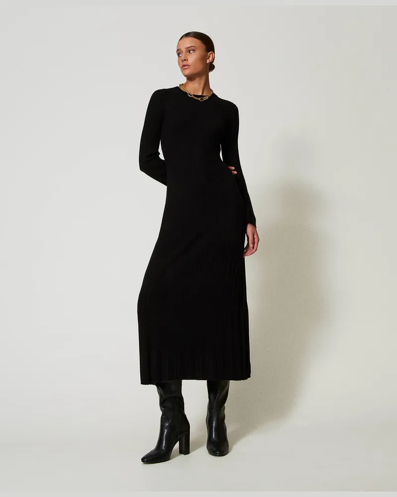 Twin-Set Kleider - Maxi-Strickkleid mit Rippenmuster und Cut-out, Schwarz, Größe Schwarz