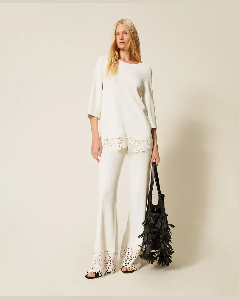 Twin-Set Bademode - Strickhose mit Spitze, Mattweiß, Pizzo, Größe Mattweiß