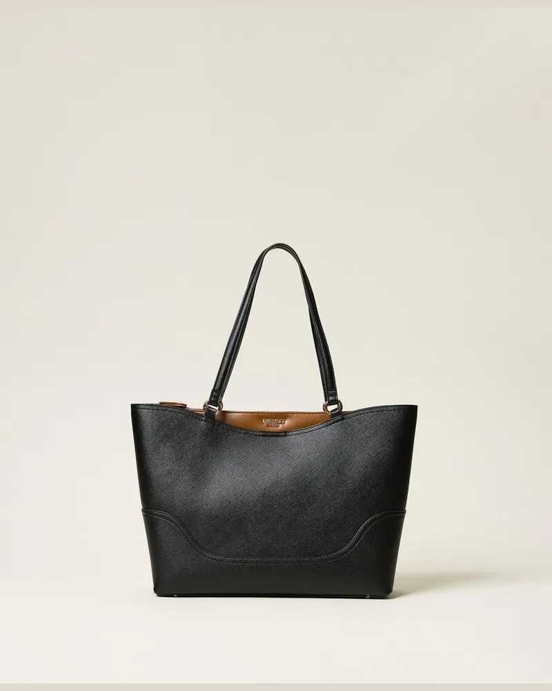 Twin-Set Ungefütterter zweifarbiger Shopper, Damen, Zweifarbig Schwarz /"Land"-Braun Zweifarbig