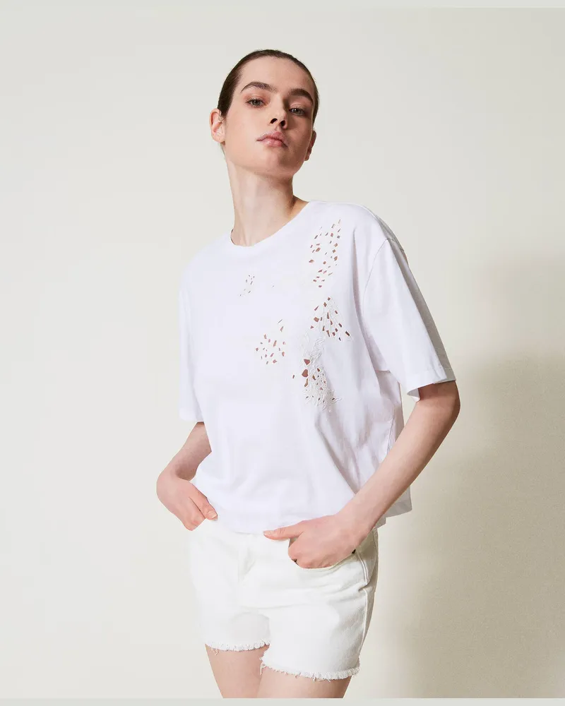 Twin-Set T-Shirts - T-Shirt mit Stickerei, Weiß, Baumwolle, Größe Weiß