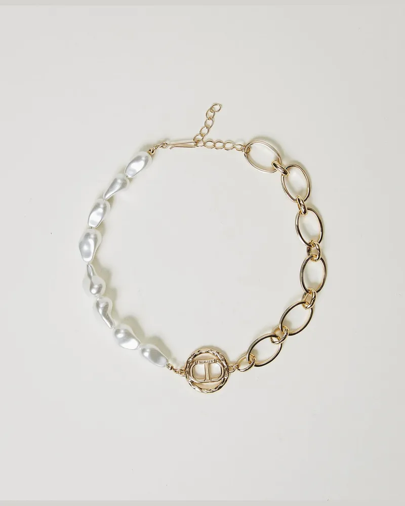 Twin-Set Accessoires - Halsnahe Kette mit Oval T und Perlen, New Gold, Mit Perlen, Einheitsgröße New