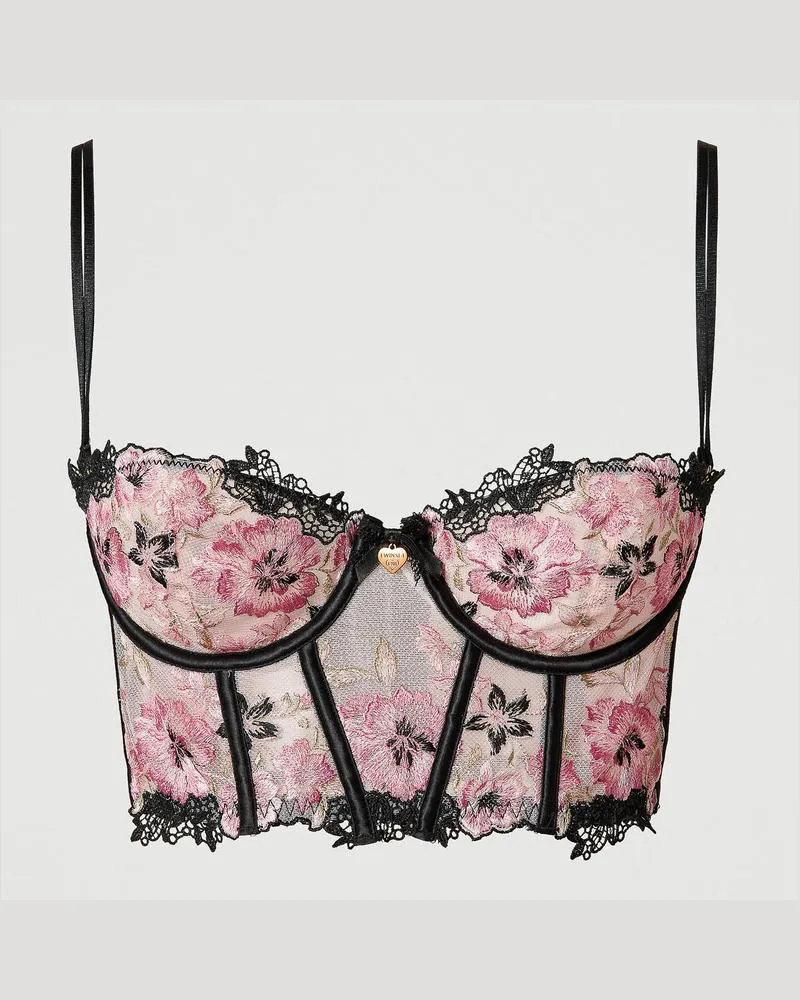 Twin-Set Unterwäsche - Bustier aus besticktem Tüll, Multicolor Blumenstickerei, Mit Blumen, Größe: 1-C 