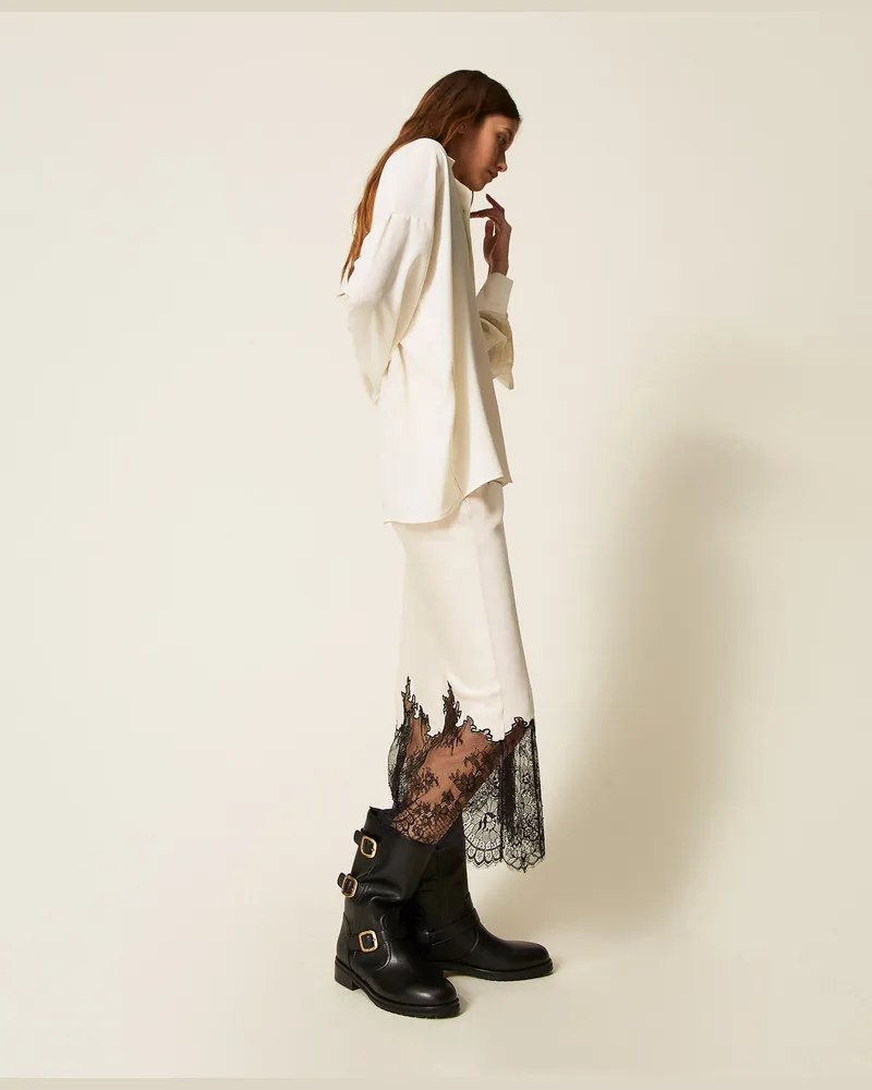 Twin-Set Röcke - Midirock aus Satin und Spitze, Zweifarbig Perlmuttweiß / Schwarz, Größe: 46 