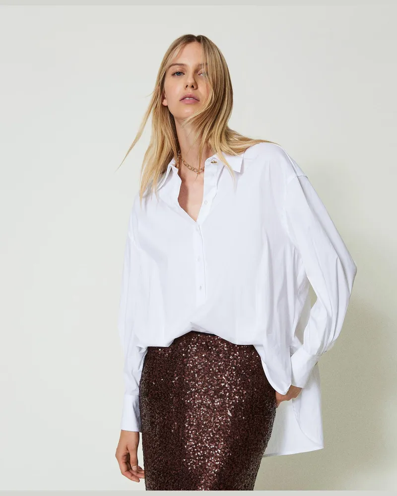 Twin-Set Blusen - Polobluse aus Popeline, Weiß, Baumwolle, Größe Weiß