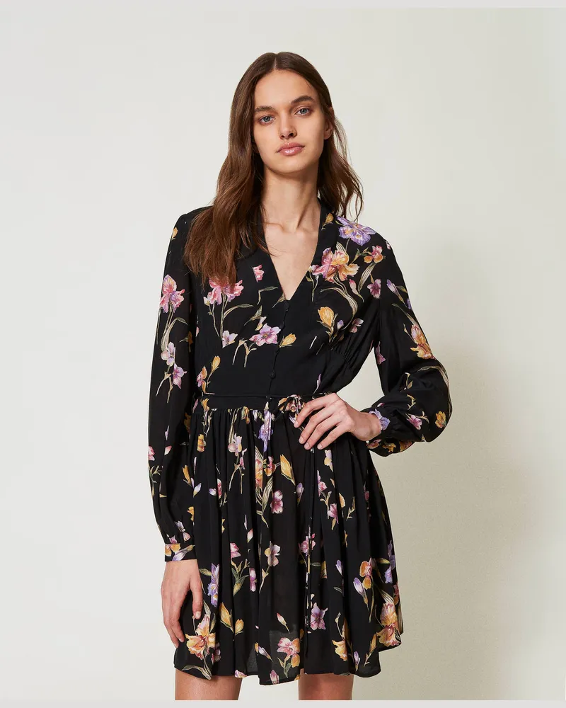 Twin-Set Kleider - Kurzes Kleid aus Crêpe de Chine mit Blumendessin, Print Iris Multicolor / Black, Größe Print