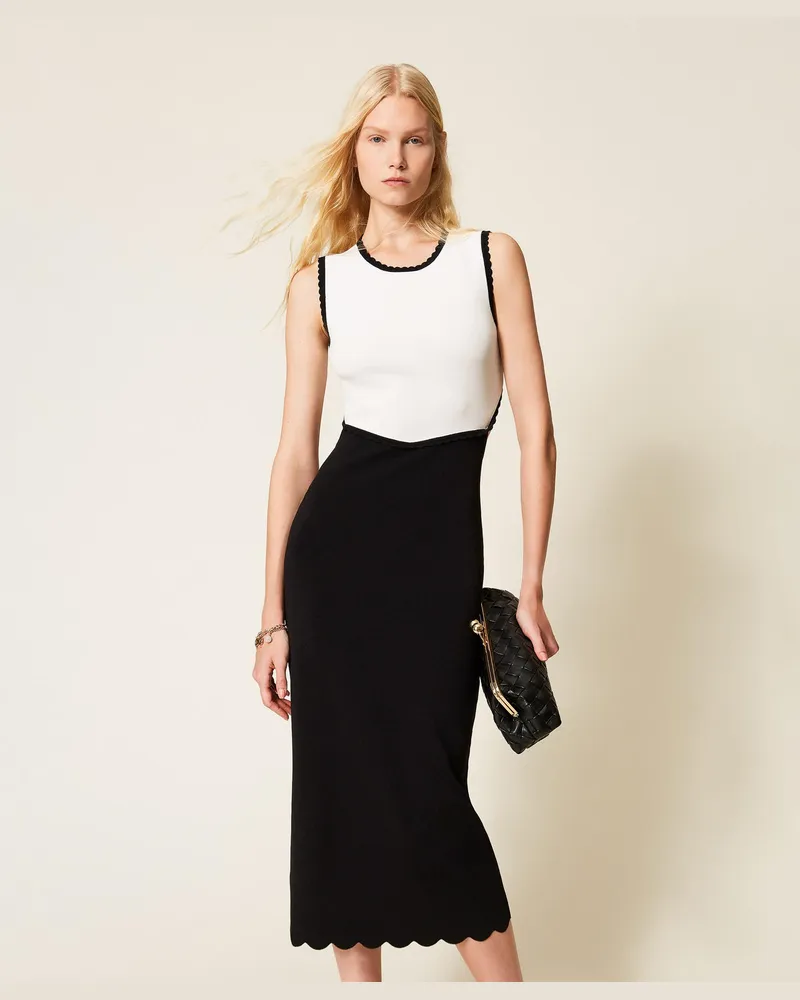 Twin-Set Kleider - Zweifarbiges Maxi-Strickkleid, Zweifarbig Schwarz / Schneeweiß, Größe Zweifarbig